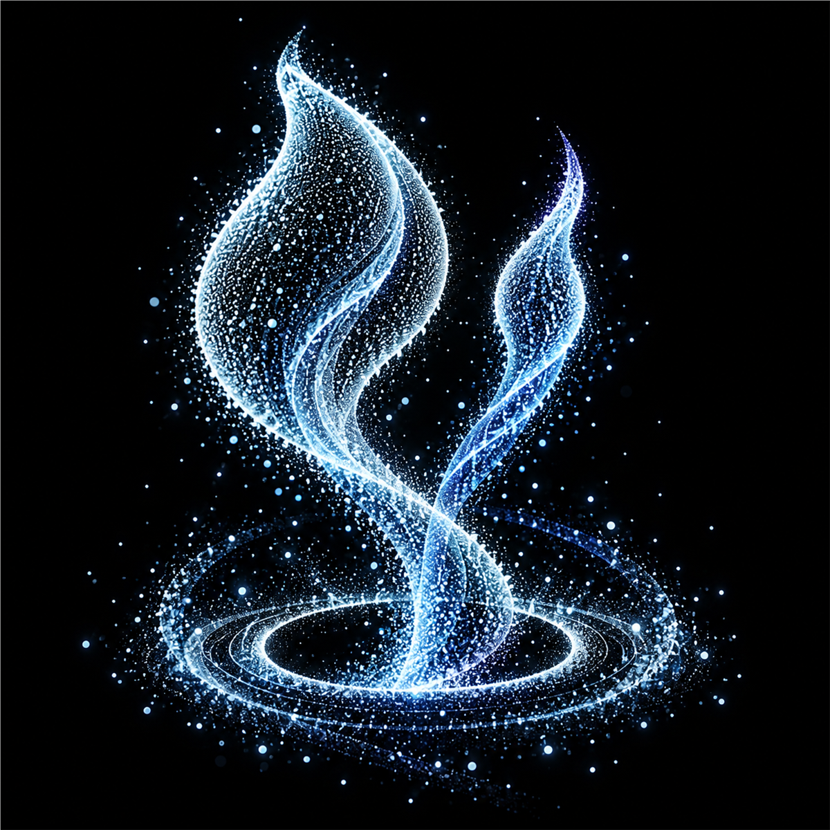Two abstract particle spirits launching from a luminous orbit